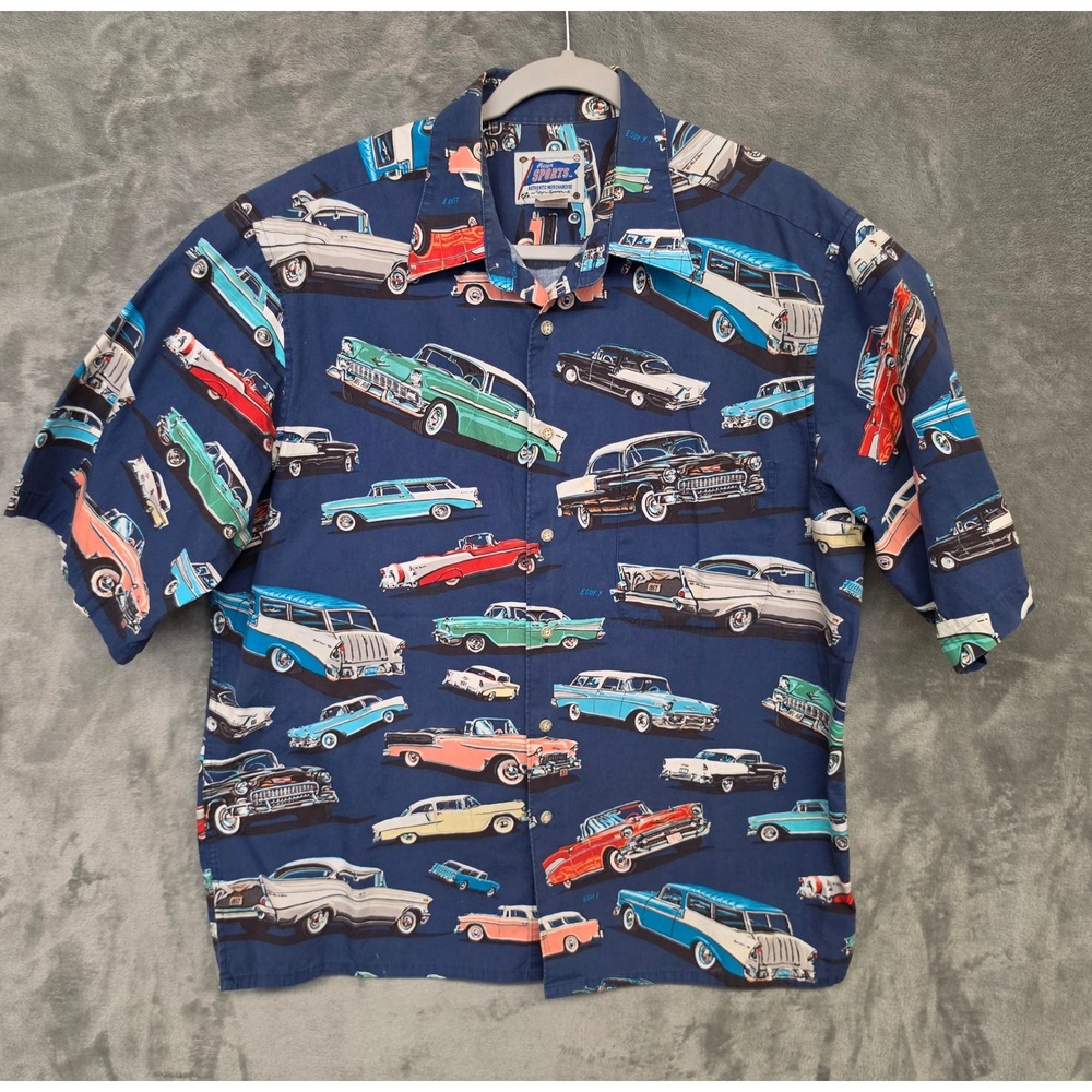 Reyn Spooner Reyn Sports Mens Large Vintage Classic Car Print Cotton Shirt Navy